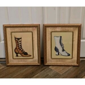 VTG Bombay Company Stephanie Hoppen Victorian Boot Prints Framed Pair Wall Art